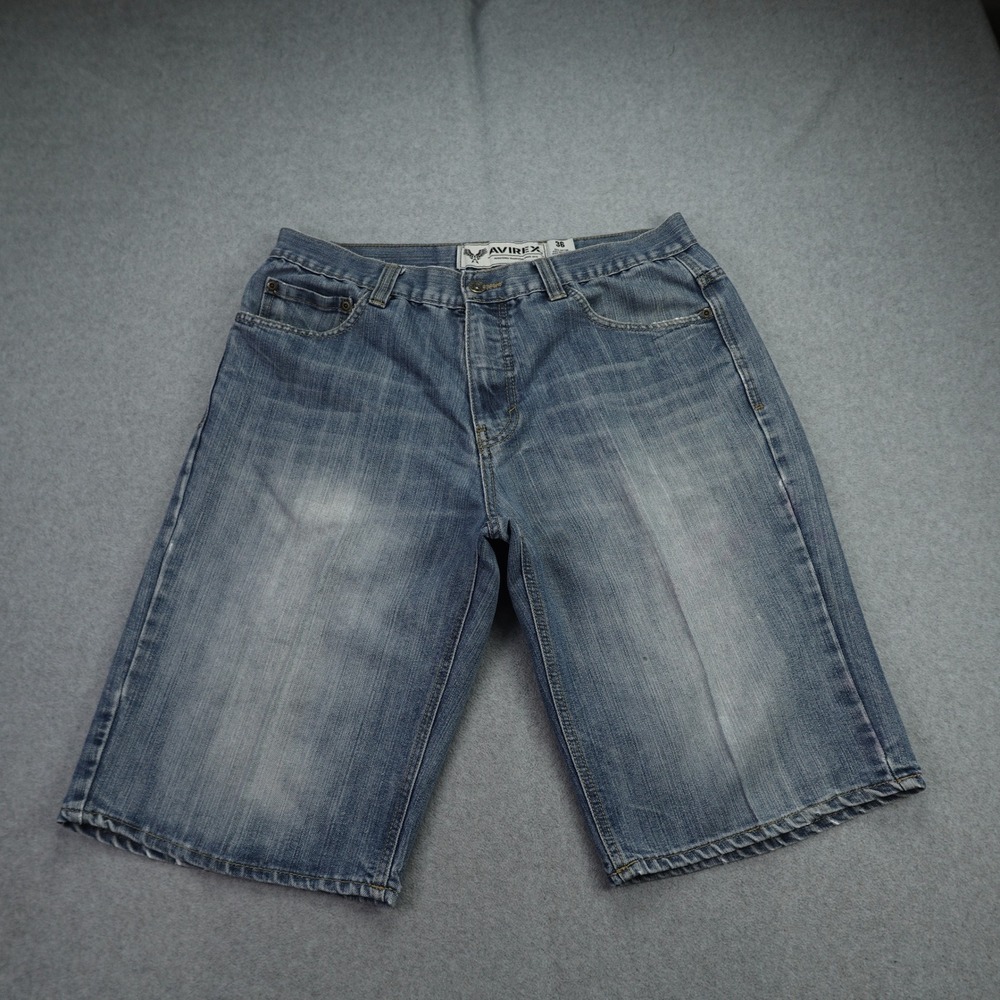 Vintage Avirex Shorts Mens 36 Blue Baggy Y2K Hip Hop Jean Embroidered Denim